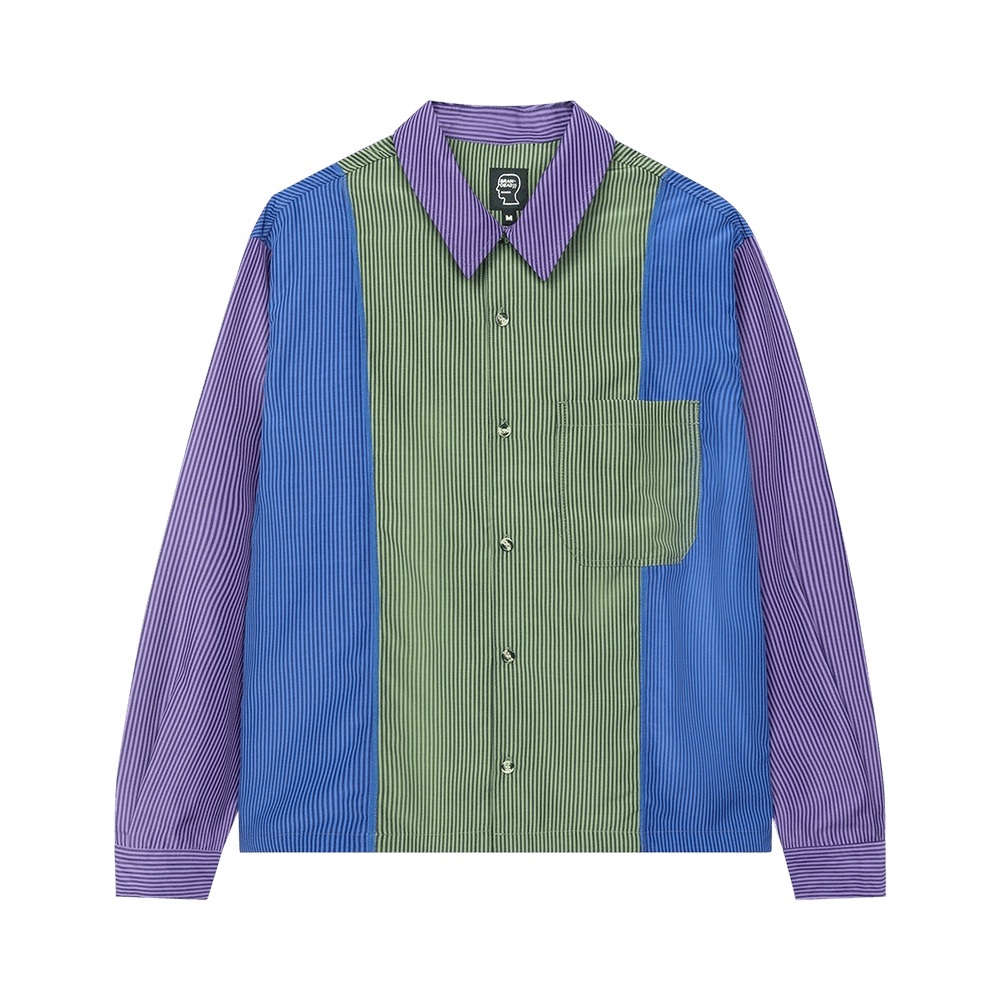 Brain Dead Paneled Stripe Poplin Long-Sleeve Button Up Top - PURPLE/BLUE/GREEN